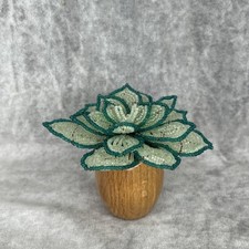 French Beaded Echeveria Succulent Plant in Oak Wood Vase Glow In The Dark NEW
