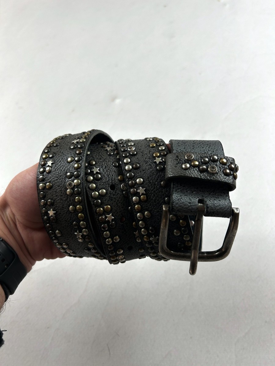 Vtg Leather Rock Jeweled Rhinestone Belt Black Bead Buckle One Size Stretchy Y2K Vintage Studded Leather Belt Black Rock Star Rhinestone Y2K  main image 4