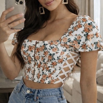 Windsor Gorgeous Blooms Puff Sleeve Crop Top Size Medium