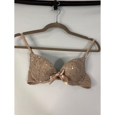 Aerie Emma Push Up Bra Women 34A Nude Good Sequin Lace Floral Metallic Bow