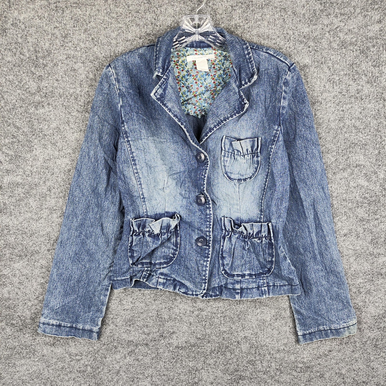 Charlotte Russe Blazer Womens Large Blue Denim Ruffle Pockets Button Jacket