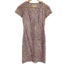 JS Collections Cap Sleeve V-Neck Cocktail Dress Mauve Purple Lace Sparkle Size 2