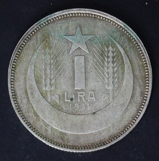 TURKEY 1 Lira 1937 Silver 0.830 VF 4546