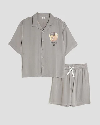 River Island Boys 2 Piece Set Grey Bear Revere Matching Shirt & Shorts
