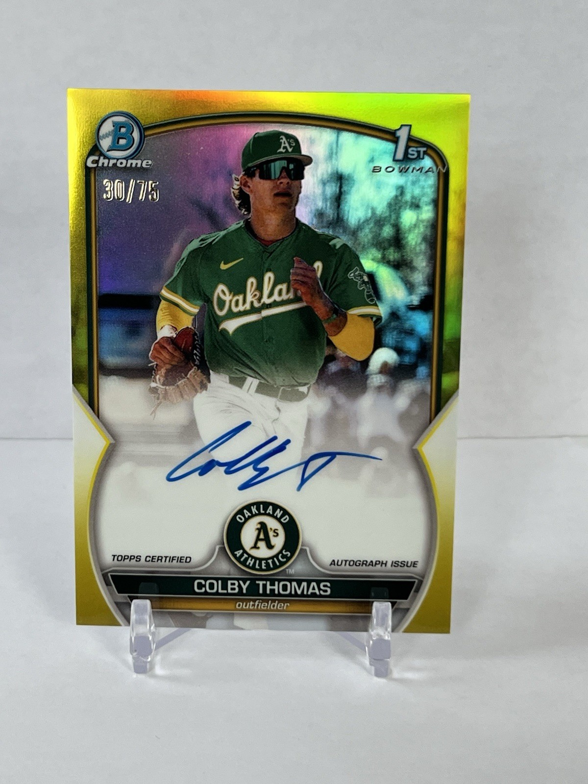 2023 Bowman 1st Chrome Prospects Colby Thomas Yellow Auto /75 Oakland Athletics