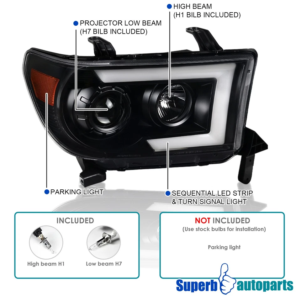 Fit 2007-2013 Toyota Tundra Sequoia Black Projector Headlight Sequential LED Bar - Image 3 of 4