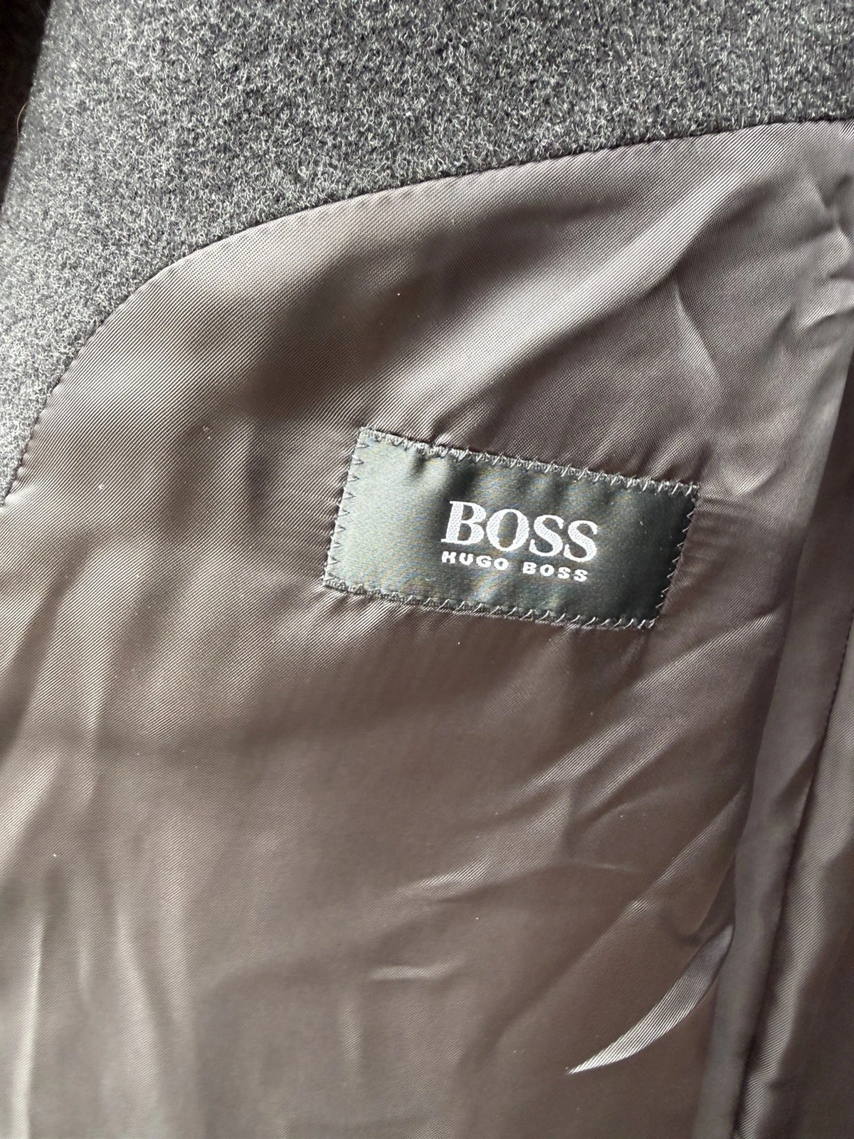 Vintage Hugo Boss Men's Gray Long Wool Overcoat Size 40L Lined Pockets Notch - product detail image 4