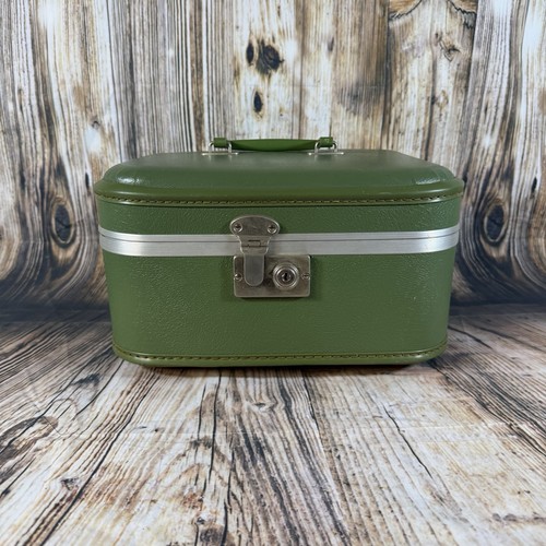 Vintage 1960s Green Vinyl Train Case Vanity Suitcase Mirror Retro Olive Boho