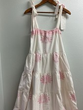 SUE SARTOR DRESS MAXI  S/M? WHITE PINK PALM TREES ANTHROPOLGIE TIERED TRAVEL