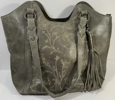 The Sak Shopper Leather Bag W Etched Floral Design - Gray - FAST SHIPPING!