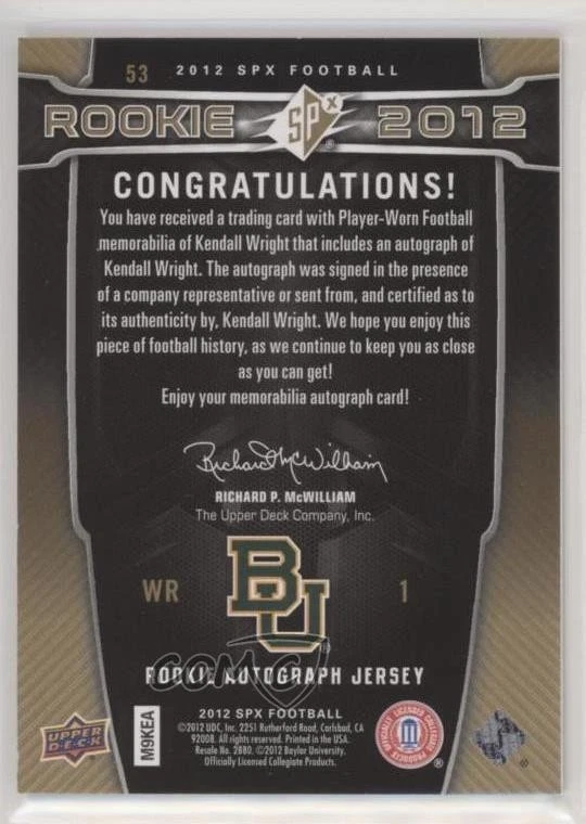 2012 SPx Rookie Auto Jersey /399 Kendall Wright #53 Rookie Auto RC - Image 2 of 2