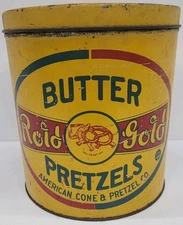 ANTIQUE ROLD GOLD BUTTER PRETZELS 1 1/2 LBS TIN American Cone & Pretzel Elephant