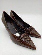 M&S Women's Shoes Khaki Faux Patent Leather Lace Up Pointed Toe Court Heels New