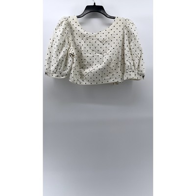 UNBRANDED Women's White-Black Micro Dot Print Balloon Sleeve Cropped Top SZ S