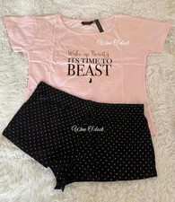 Ann Summers Wake Up Beauty T Shirt & Shorts PJ Set Pink Size M - 12/14