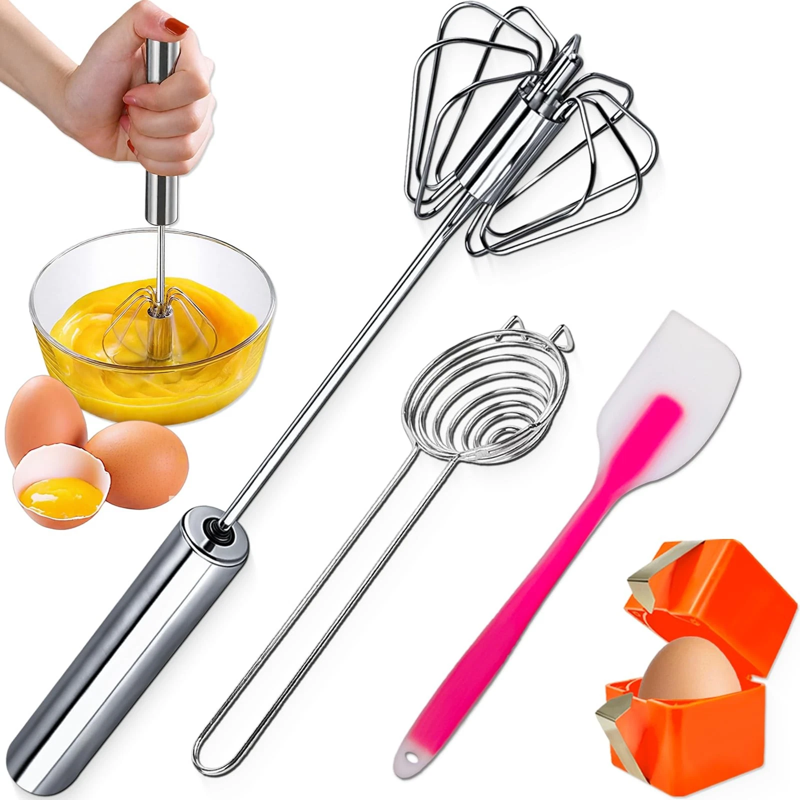 Semi-automatic Whisk, Stainless Steel Egg Whisk, Hand Mixer Egg Beater, Egg S...