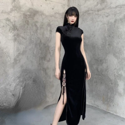 Damen/Chinesisch Cheongsam Qipao Langes Kleid Mandarinkragen Samt Gothic Schwarz - Bild 1 von 4