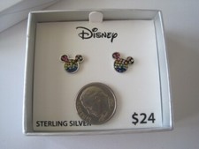 DISNEY Fine Earrings Mickey Mouse Sterling Silver Multi Color Pierced Crystal