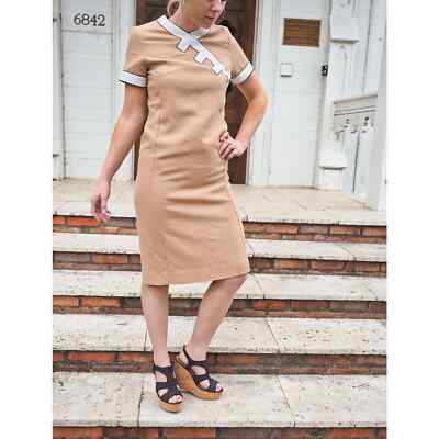 60s Vintage Mod Dress Tan Knee Length Short Sleeve Sheath Dress