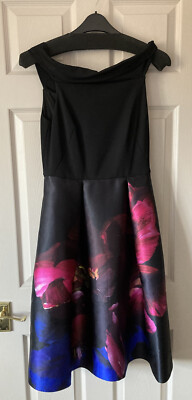 Black Pink blue Floral Pocketed Ted Baker dress (UK 10) ideal for royal Ascot 