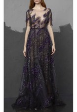 Pamella Roland Sequin Embroidered-Fringe Illusion Silk Gown Size 4US MSRP 7480