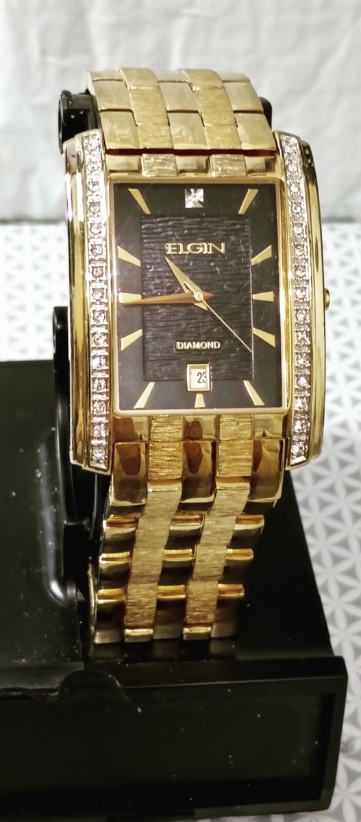 Vintage Elgin Diamond Quartz Black Dial Gold‎ Tone Rectangular Dress Watch Read Vintage Elgin Diamond Quartz Black Dial Gold Tone  main image 4