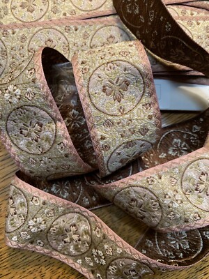 BTY   Vintage 1 5/8'' Exquisite  pink taupe  Silk  French  Jacquard Ribbon~NOS