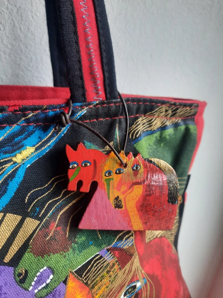 Laurel Burch Wild Horses of Fire Medium Canvas Cotton Tote, Unique Wood Charm - Image 2 of 4