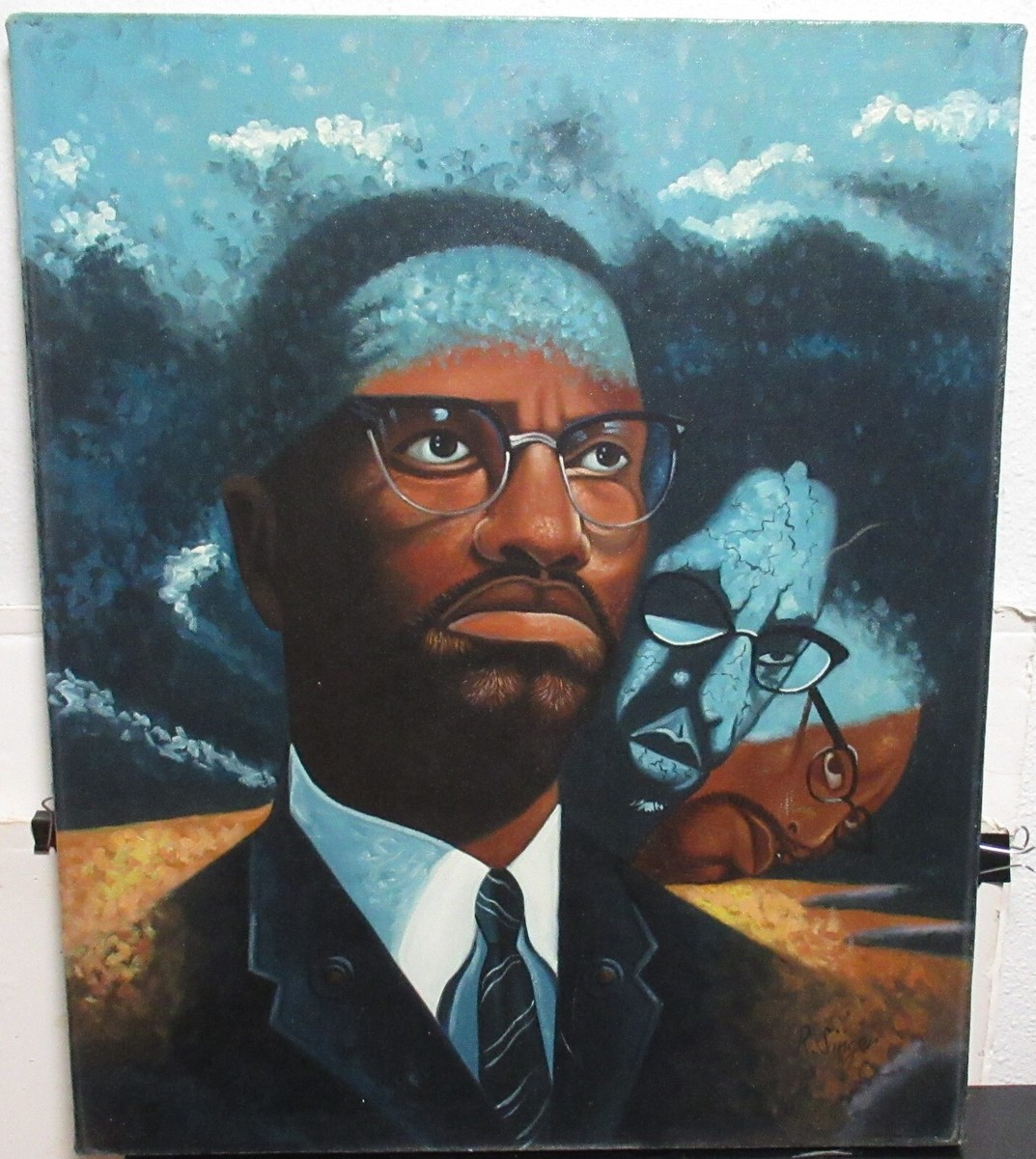 R.SINGER MALCOLM X AFRICAN AMERICAN ORIGINAL OIL ON CANVAS