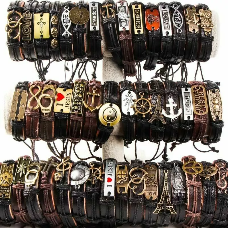 Wholesale lots 30pcs Mixed Styles Vintage Alloy leather Cuff Bracelets Jewelry - Image 2 of 4