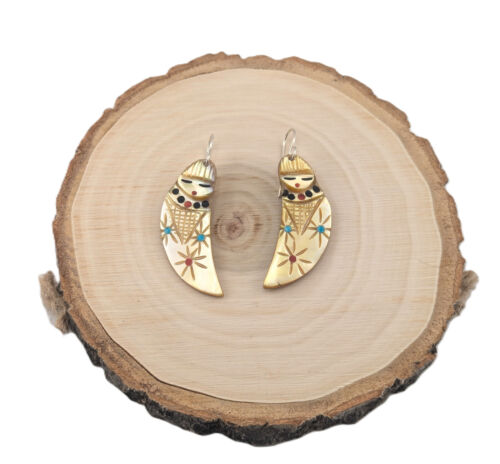 Zuni Corn Maiden Yellow Shell Kachina Dangle Earrings Handmade Southwest Jewelry - Picture 2 of 10