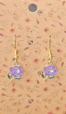 Dangle Enamel Purple Rose With Rhinestone Earring .925 Sterling Silver Hooks