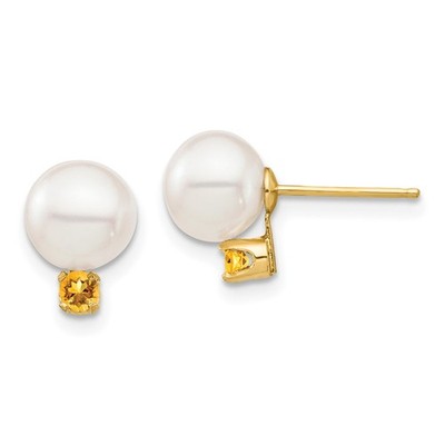 Ohrstecker 14 Karat Gelbgold 7-7,5 mm weiße runde Zuchtperlen und Citrin