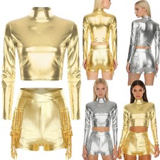 Womens Dancewear Tassel Outfits Tiered Sets Stage Metallic Mock Neck Dance