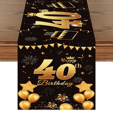 40th Birthday Table Runner Black Gold 72 Inch for Anniversary Party Decor