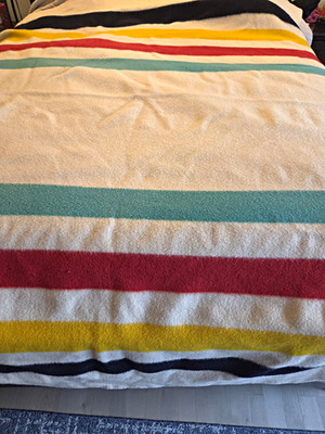 Hudson's Bay Point Blanket 100% Wool Striped Cream/Multicolor Throw 50x60