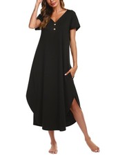 Ekouaer Womens Long Nightgowns with Pockets, Short Sleeve Sleepwear, Black