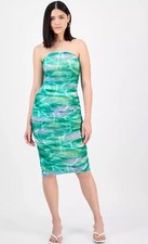 Bar III Ruched Strapless Mesh Midi Dress Green Watercolor Bodycon XL NWT