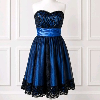 Ruby Ball schulterfrei blau schwarz Pailletten Partykleid UK 12 14 Abschlussball Cocktail 