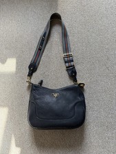 Prada 1BC052 Vitello Phenix Leather Hobo Bag Black | Striped Strap Crossbody |
