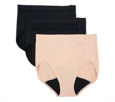 Breezies Set of 3 Natural Curve Leak Proof Hi-Cut Panties Sun/Black/Black L New