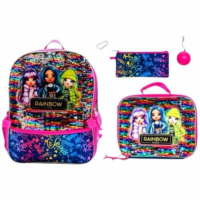 #ad Rainbow High 5pc Backpack Set Sequin Rainbow Lunch Bag Case $36.95