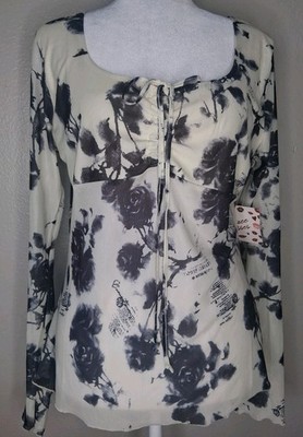 NWT Free Kisses Mesh Long Sleeve Top Black White Floral Sheer Y2K Whimsygoth XL
