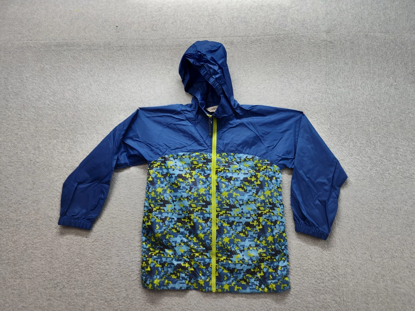 Lands End Boy Kid Jacket L Blue Hooded Long Sleeve Full Zip Outdoor Rainproof