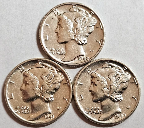 1940 1941 1942 BU Silver Mercury Dimes (3 coins) Free Shipping
