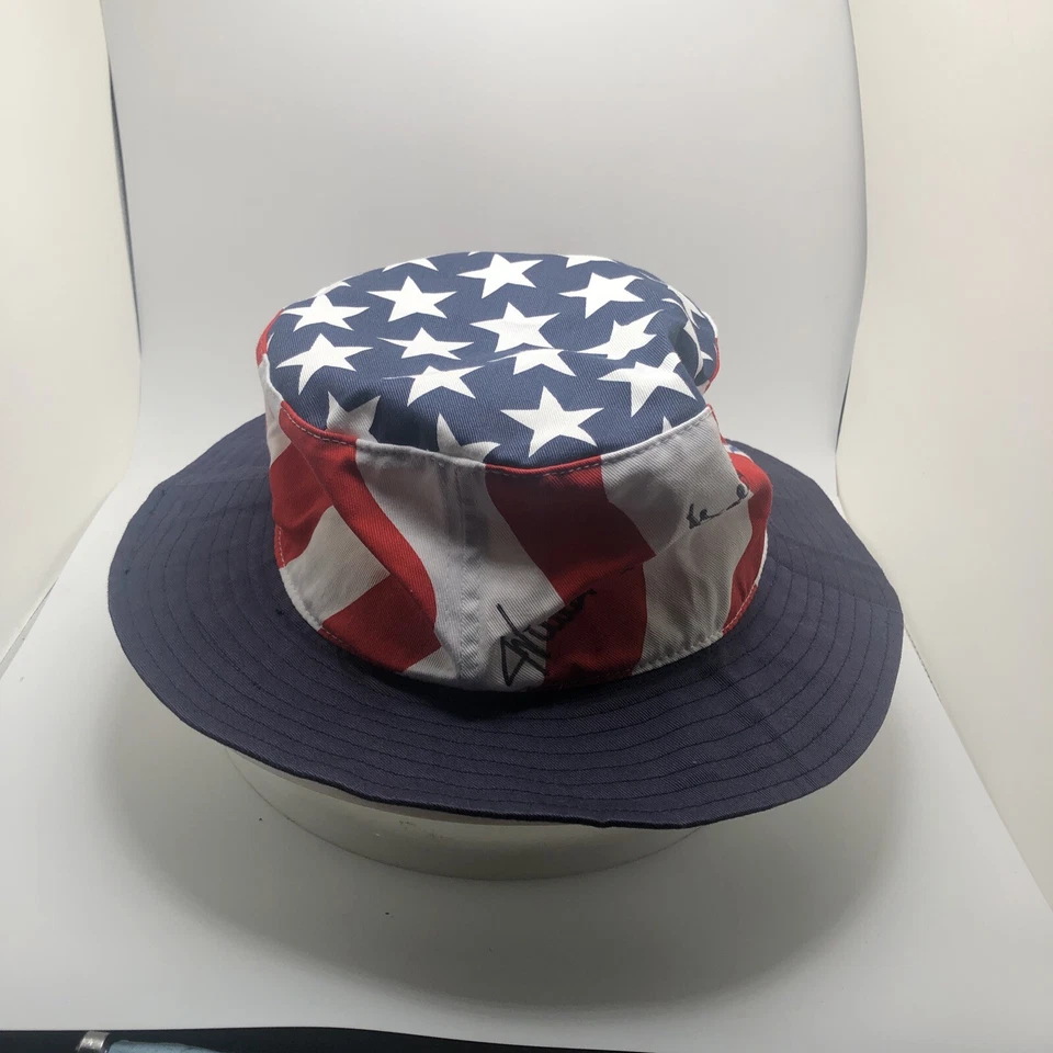 Sombrero de cubo vintage firmado autografiado The Oak Ridge Boys rojo blanco y azul OSFA Foto 3 de 4