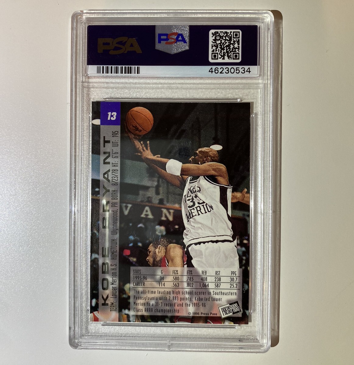 MINT PSA 9 1996 Kobe Bryant Rookie Press Pass #13 Gold Draft Pick