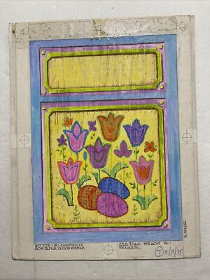 Vintage Original Norcross Greeting Card Art Painting 1975 Easter Eggs Tulips