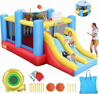 6 IN 1 Castle Bounce House with Two Slides and Blower Inflatable Bouncer for Kid