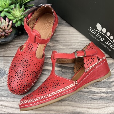 NIB Spring Step Roxela Red Leather T Strap Mary Jane Sandal Shoes 40 9